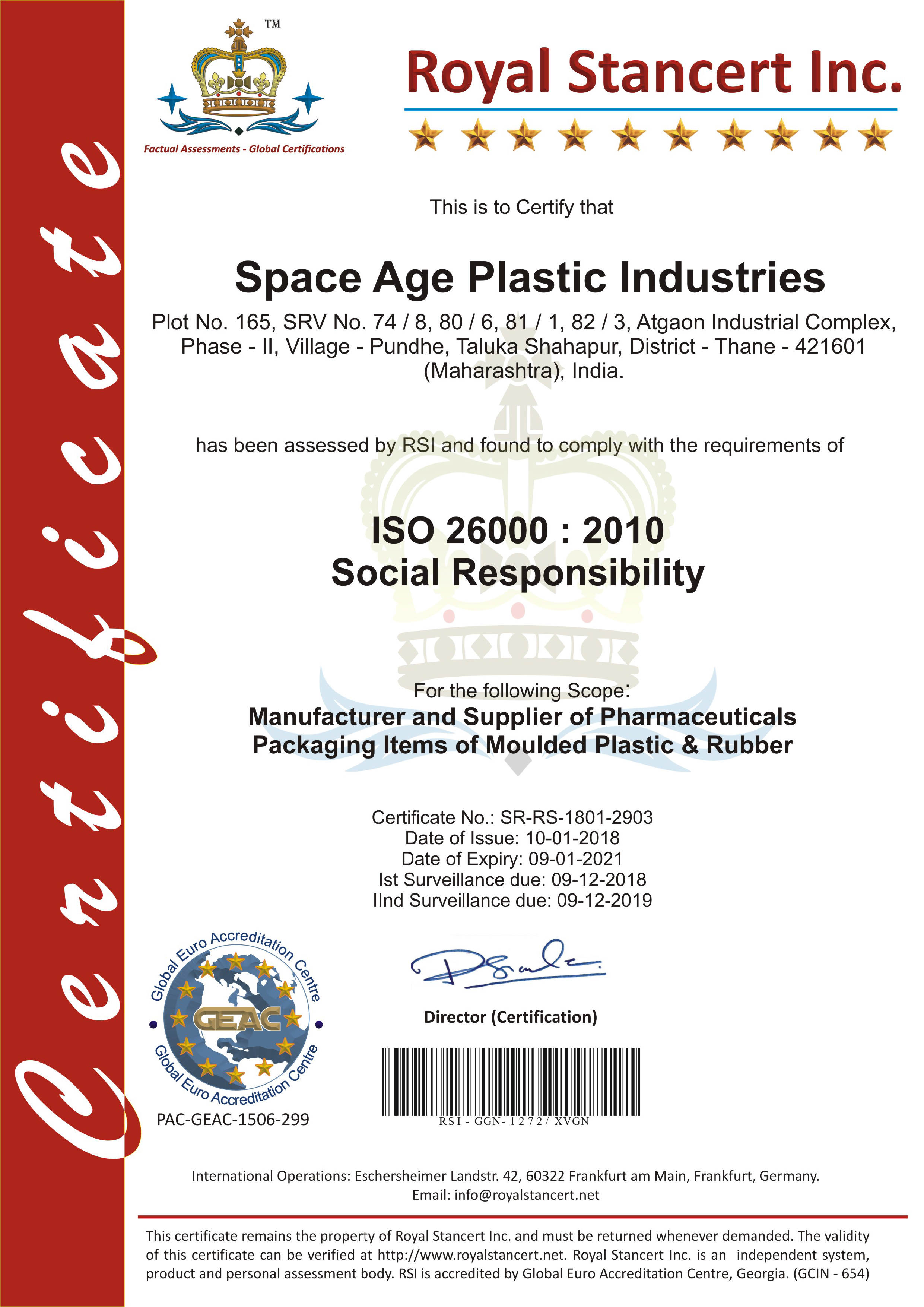 royal-stancert-INC, Social-responsibility certificate of space age plastic industry